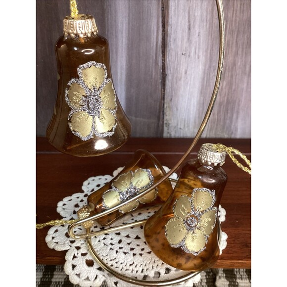 Vintage Blown Glass Bell Christmas Ornaments West Germany Brown & Gold Glitter - Picture 1 of 16